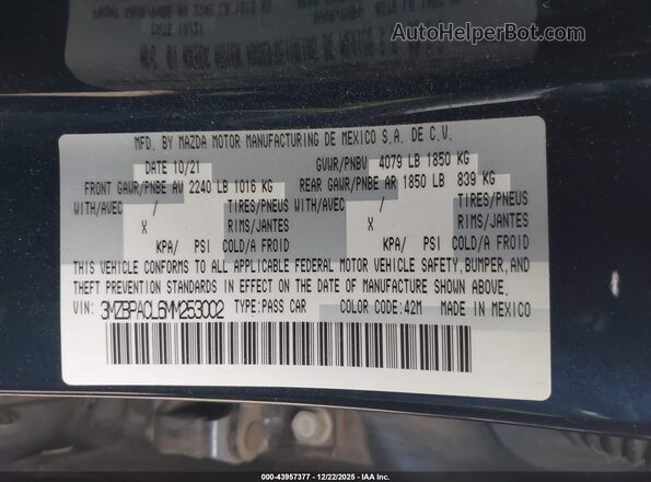 3MZBPACL6MM253002 2021 MAZDA 3 Blue 