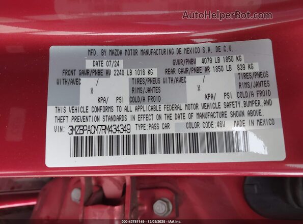 3MZBPACM7RM434349 2024 MAZDA 3 Red ძრავის განყოფილების ხედი