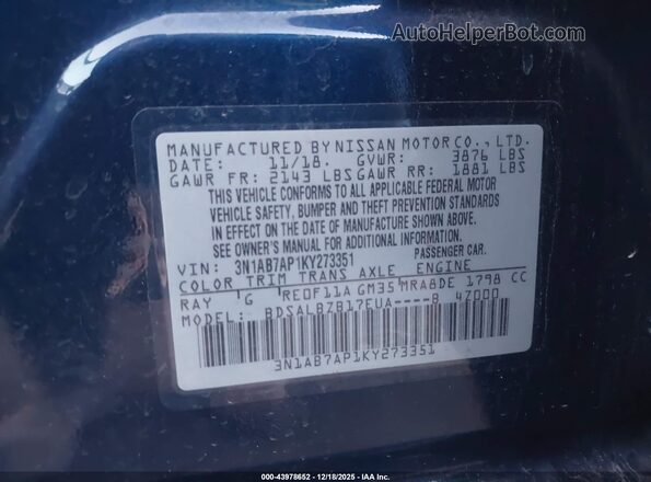 3N1AB7AP1KY273351 2019 NISSAN SENTRA Blue Vista del compartimento del motor