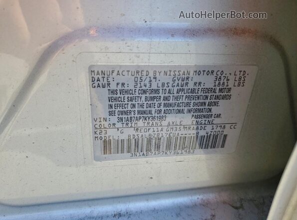 3N1AB7AP7KY361983 2019 NISSAN SENTRA Серебряный Вид наклейки с VIN-кодом