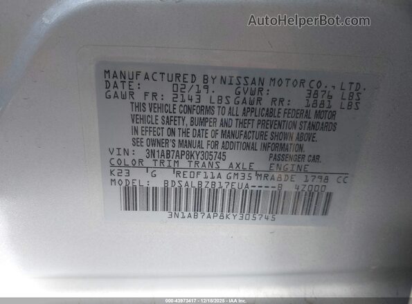 3N1AB7AP8KY305745 2019 NISSAN SENTRA Серебряный 