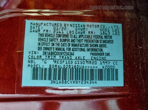 3N1AB8CVXNY234344 2022 NISSAN SENTRA Burgundy Widok naklejki z numerem VIN