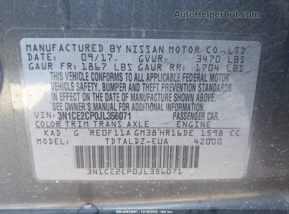 3N1CE2CP0JL356071 2018 NISSAN VERSA NOTE Gray Widok komory silnika
