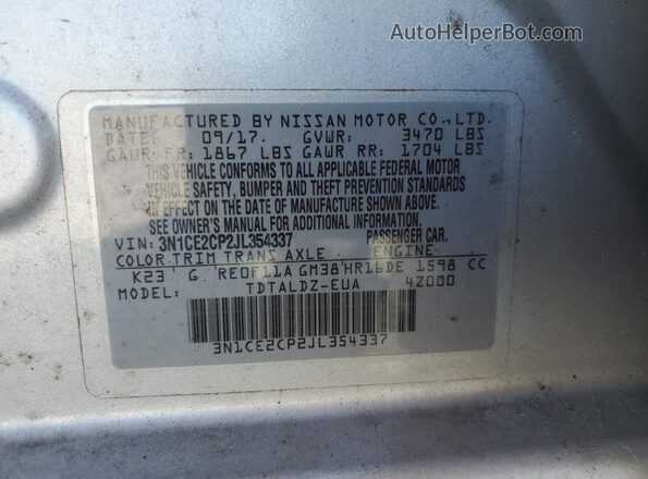 3N1CE2CP2JL354337 2018 NISSAN VERSA Silver 