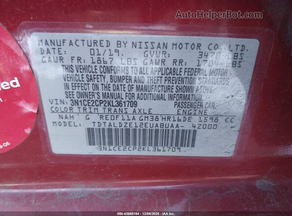 3N1CE2CP2KL361709 2019 NISSAN VERSA NOTE Red Engine compartment view