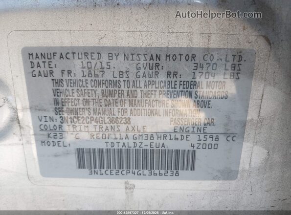 3N1CE2CP4GL366238 2016 NISSAN VERSA NOTE Silver ძრავის განყოფილების ხედი