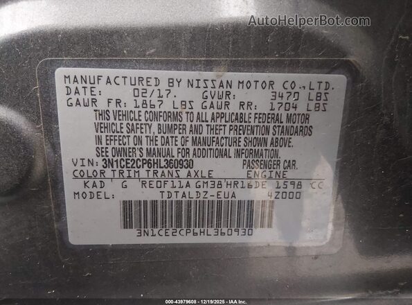 3N1CE2CP6HL360930 2017 NISSAN VERSA NOTE Silver Вид підкапотного простору