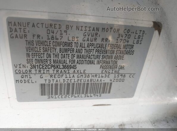 3N1CE2CP6KL366945 2019 NISSAN VERSA NOTE Белый Вид подкапотного пространства
