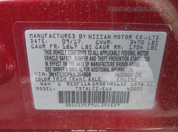 3N1CE2CP9JL354559 2018 NISSAN VERSA NOTE Red ძრავის განყოფილების ხედი
