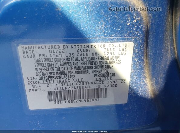 3N1CP5BV2NL481493 2022 NISSAN KICKS Blue Vista del compartimento del motor