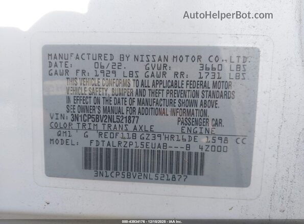 3N1CP5BV2NL521877 2022 NISSAN KICKS White ძრავის განყოფილების ხედი