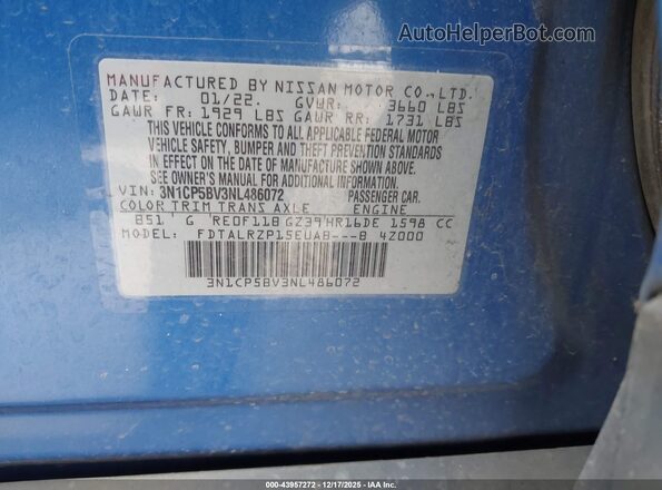 3N1CP5BV3NL486072 2022 NISSAN KICKS Blue Engine compartment view