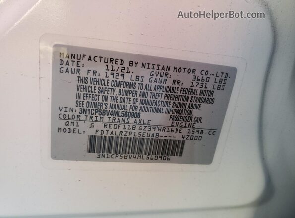 3N1CP5BV4ML560906 2021 NISSAN KICKS Белый Вид наклейки с VIN-кодом