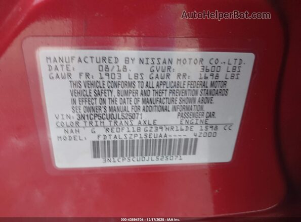 3N1CP5CU0JL525071 2018 NISSAN KICKS Red Вид підкапотного простору