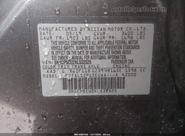 3N1CP5CU2KL532525 2019 NISSAN KICKS Серый 