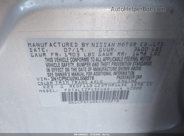 3N1CP5CU2KL550278 2019 NISSAN KICKS Silver Engine compartment view