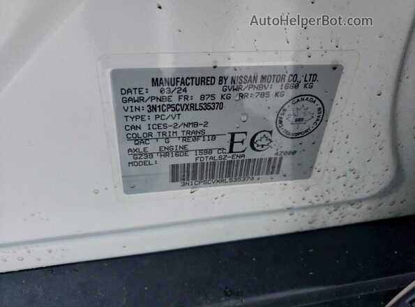 3N1CP5CVXRL535370 2024 NISSAN KICKS White VIN კოდის სტიკერის ხედი