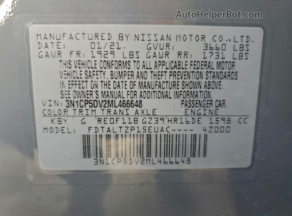 3N1CP5DV2ML466648 2021 NISSAN KICKS Gray Widok naklejki z numerem VIN