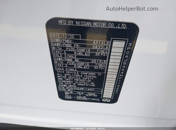 3PCAJ5AA4MF114497 2021 INFINITI QX50 White 