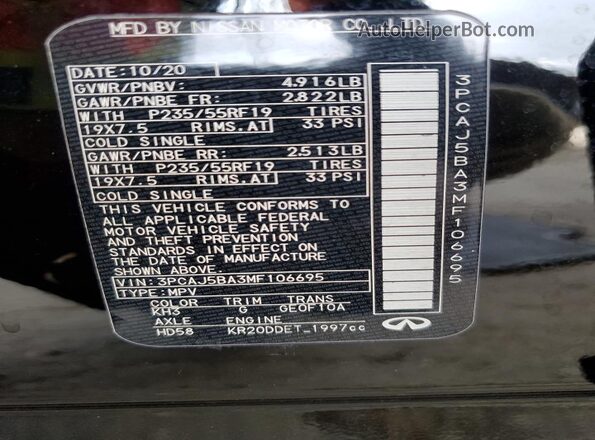 3PCAJ5BA3MF106695 2021 INFINITI QX50 Black Vista de la etiqueta del VIN