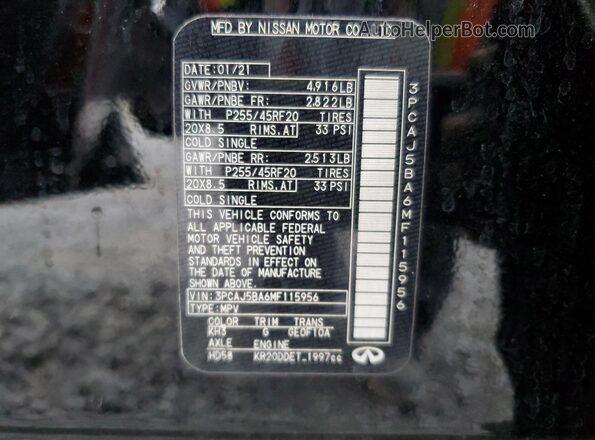 3PCAJ5BA6MF115956 2021 INFINITI QX50 Black Вид наклейки з VIN-кодом