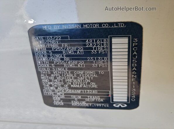 3PCAJ5BA6NF113240 2022 INFINITI QX50 White 360 interior view