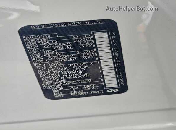 3PCAJ5BA8RF115223 2024 INFINITI QX50 White Вид наклейки з VIN-кодом