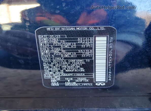 3PCAJ5BAXPF118654 2023 INFINITI QX50 Blue Вид наклейки з VIN-кодом