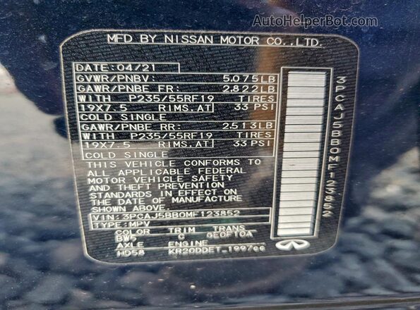3PCAJ5BB0MF123852 2021 INFINITI QX50 Black Widok naklejki z numerem VIN