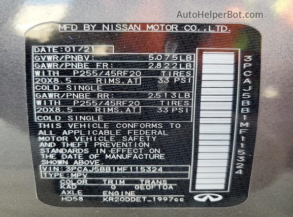 3PCAJ5BB1MF115324 2021 INFINITI QX50 Серый Панорамный вид салона 360°