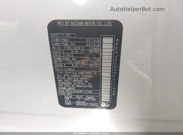 3PCAJ5CA0MF111948 2021 INFINITI QX50 White Widok komory silnika