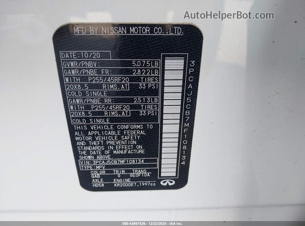 3PCAJ5CB7MF108134 2021 INFINITI QX50 White Շարժիչի բաժամունքի տեսք