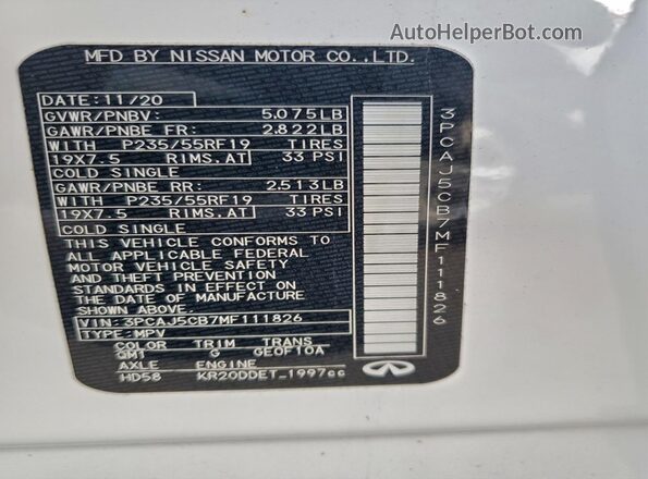 3PCAJ5CB7MF111826 2021 INFINITI QX50 White Vista interior de 360 grados