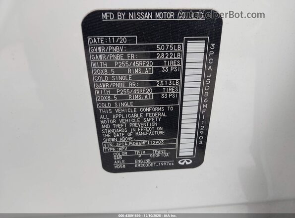 3PCAJ5DB6MF112903 2021 INFINITI QX50 White 
