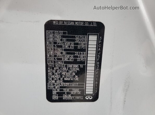3PCAJ5FB3PF116117 2023 INFINITI QX50 White VIN կոդի պիտակի տեսք