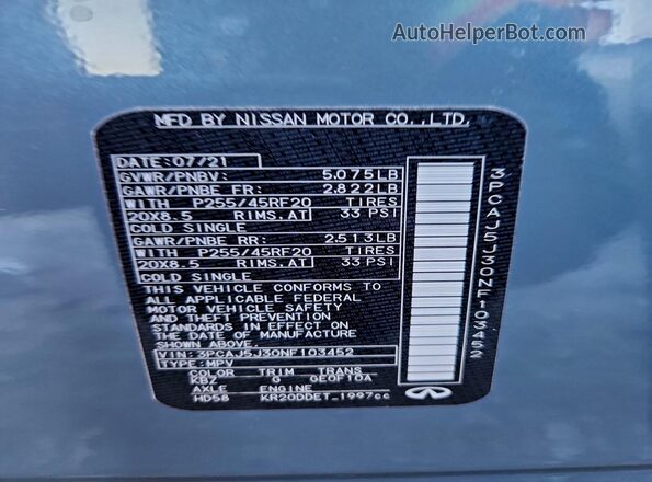 3PCAJ5J30NF103452 2022 INFINITI QX55 Blue Vista de la etiqueta del VIN