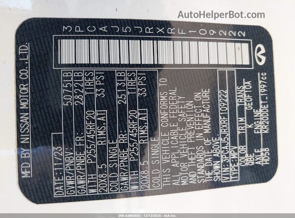 3PCAJ5JRXRF109222 2024 INFINITI QX55 White Շարժիչի բաժամունքի տեսք