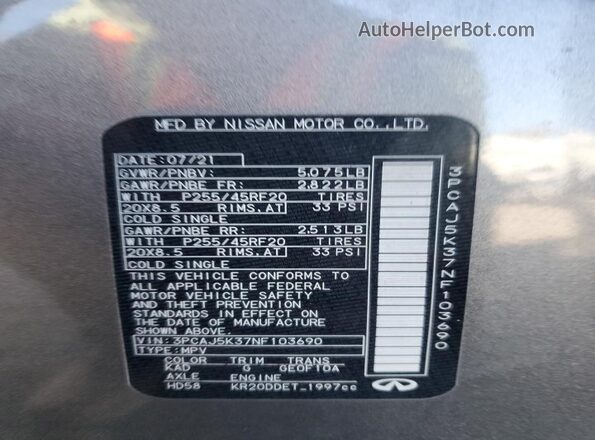 3PCAJ5K37NF103690 2022 INFINITI QX55 Gray VIN კოდის სტიკერის ხედი