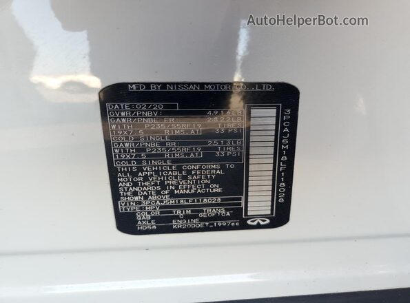 3PCAJ5M18LF118028 2020 INFINITI QX50 White Widok naklejki z numerem VIN