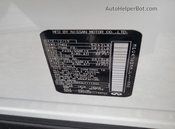 3PCAJ5M33LF111330 2020 INFINITI QX50 Two Tone Vista de la etiqueta del VIN
