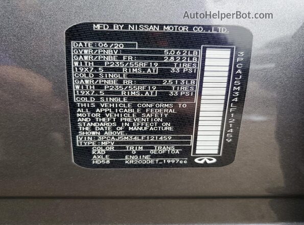 3PCAJ5M34LF121459 2020 INFINITI QX50 Gray 