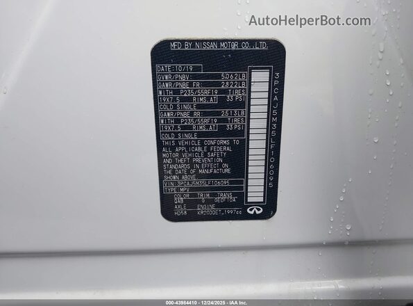 3PCAJ5M35LF106095 2020 INFINITI QX50 White Vista del compartimento del motor