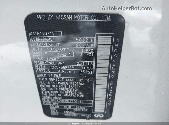 3PCAJ5M39LF105452 2020 INFINITI QX50 White Vista del compartimento del motor