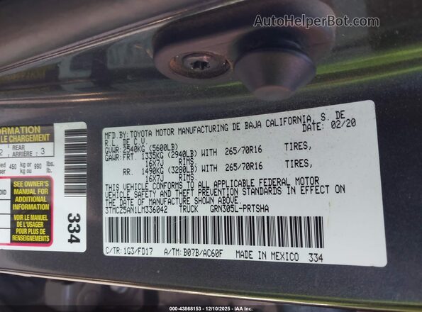 3TMCZ5AN1LM336042 2020 TOYOTA TACOMA Gray ძრავის განყოფილების ხედი