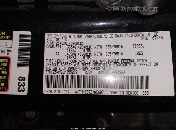 3TMCZ5AN2LM355277 2020 TOYOTA TACOMA Black Вид підкапотного простору