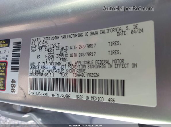 3TMKB5FN4RM001911 2024 TOYOTA TACOMA Silver ძრავის განყოფილების ხედი