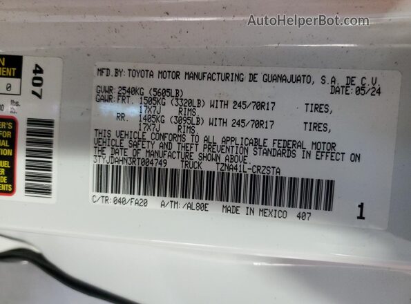 3TYJDAHN3RT004749 2024 TOYOTA TACOMA White VIN sticker view