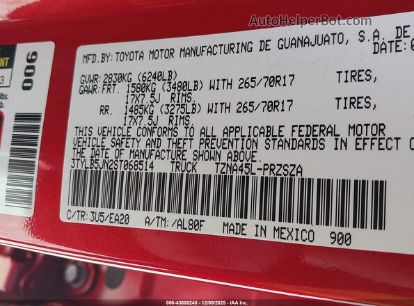 3TYLB5JN2ST068514 2025 TOYOTA TACOMA Red Շարժիչի բաժամունքի տեսք