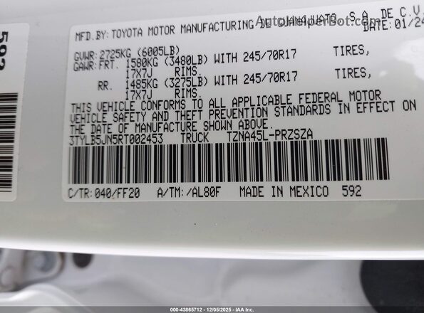 3TYLB5JN5RT002453 2024 TOYOTA TACOMA Белый Вид подкапотного пространства