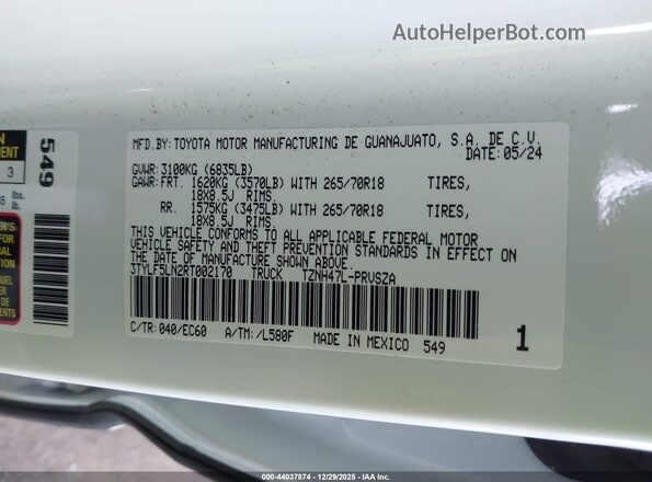 3TYLF5LN2RT002170 2024 TOYOTA TACOMA HYBRID White Engine compartment view